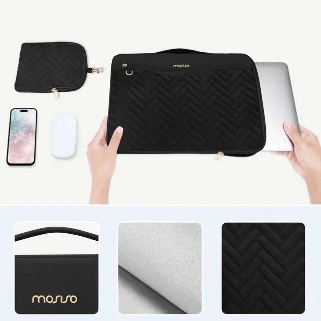 Alt view image 5 of 7 - 13.3 inch 360 Protective Laptop Case 13-13.3 inch Laptop Sleeve Compatible with MacBook Air/Pro 13 13.6/Pro 14 HP Rectangle Quilted Bag with Handle&Pocket&Small Case Black