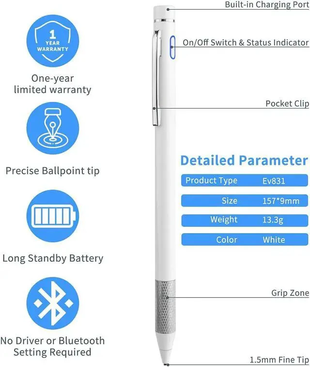 Alt view image 5 of 6 - Stylus Pencil for Galaxy Tab A9+/A8/A7 Pen Touch Screens Active Stylus Digital Pen with 1.5mm Ultra Fine Tip Pen for Galaxy Tab A9+/A8/A7 Drawing and Writing Pencil White