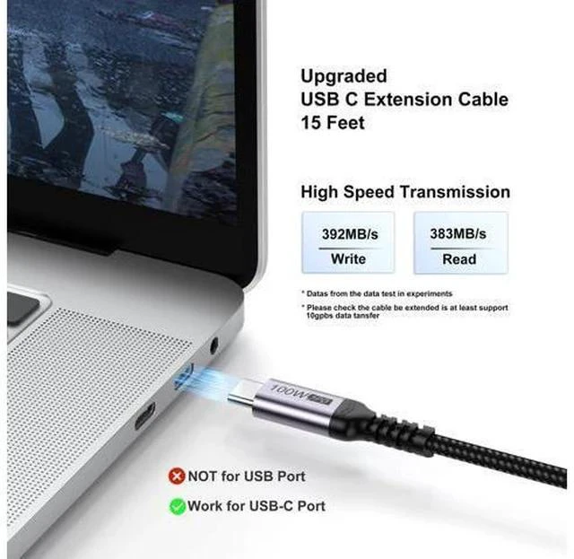 Alt view image 2 of 7 - USB C Extension Cable 15ft, USBC Type C Male to Female 5Gbps Data Transfer/100W Charging/4K@60Hz Display Cord Extender USB3.2 Gen2 for Laptop Tablet Mobile Phone and More