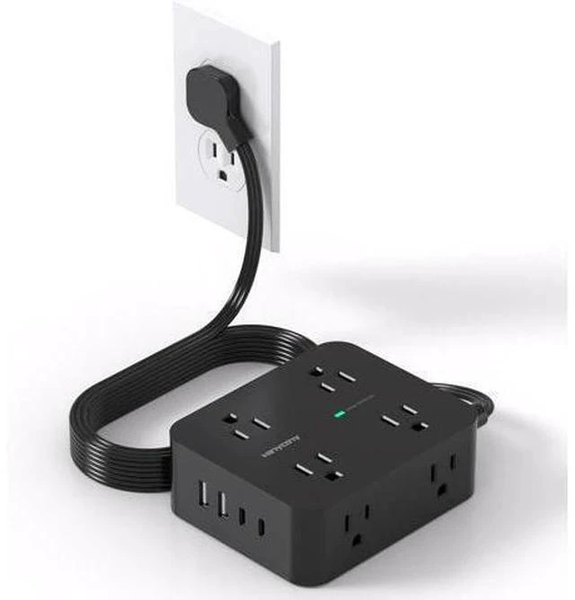 Main image of Power Strip Surge Protector, 5Ft Ultra Thin Flat Plug Extension Cord with Multiple Outlets, 8 Widely Outlet Extender with 4 USB Ports(2 USB C), 1080J Wall Mount for College Dorm Room Essentials Black