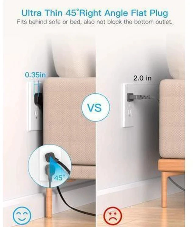 Alt view image 2 of 7 - Power Strip Surge Protector, 5Ft Ultra Thin Flat Plug Extension Cord with Multiple Outlets, 8 Widely Outlet Extender with 4 USB Ports(2 USB C), 1080J Wall Mount for College Dorm Room Essentials Black