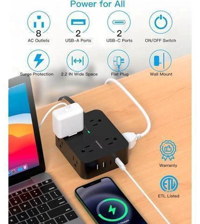 Alt view image 3 of 7 - Power Strip Surge Protector, 5Ft Ultra Thin Flat Plug Extension Cord with Multiple Outlets, 8 Widely Outlet Extender with 4 USB Ports(2 USB C), 1080J Wall Mount for College Dorm Room Essentials Black