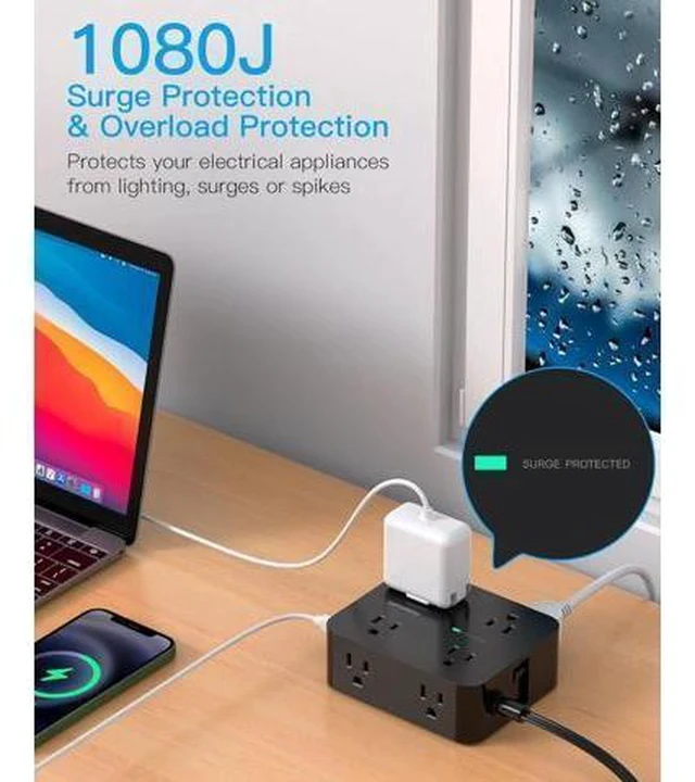 Alt view image 4 of 7 - Power Strip Surge Protector, 5Ft Ultra Thin Flat Plug Extension Cord with Multiple Outlets, 8 Widely Outlet Extender with 4 USB Ports(2 USB C), 1080J Wall Mount for College Dorm Room Essentials Black