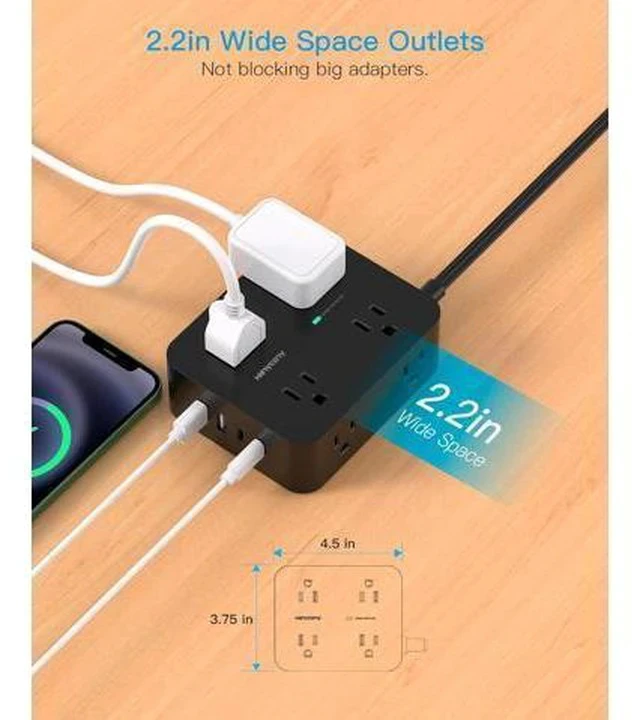 Alt view image 5 of 7 - Power Strip Surge Protector, 5Ft Ultra Thin Flat Plug Extension Cord with Multiple Outlets, 8 Widely Outlet Extender with 4 USB Ports(2 USB C), 1080J Wall Mount for College Dorm Room Essentials Black