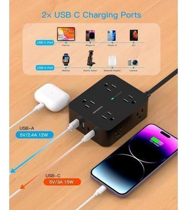 Alt view image 6 of 7 - Power Strip Surge Protector, 5Ft Ultra Thin Flat Plug Extension Cord with Multiple Outlets, 8 Widely Outlet Extender with 4 USB Ports(2 USB C), 1080J Wall Mount for College Dorm Room Essentials Black