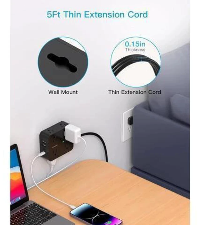 Alt view image 7 of 7 - Power Strip Surge Protector, 5Ft Ultra Thin Flat Plug Extension Cord with Multiple Outlets, 8 Widely Outlet Extender with 4 USB Ports(2 USB C), 1080J Wall Mount for College Dorm Room Essentials Black