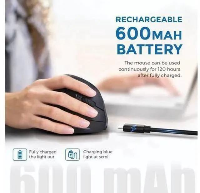 Alt view image 5 of 7 - ECHTPower Ergonomic Wireless Mouse, Vertical Mouse with Adjustable DPI 2400/1600/1000, Rechargeable Mice with LED Light, Ergo Mouse for Laptop/PC/Windows/macOS