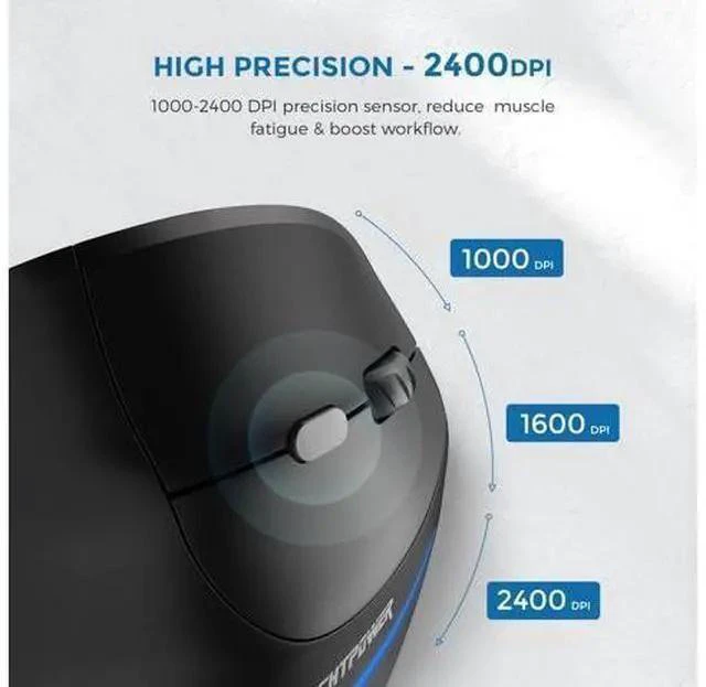 Alt view image 4 of 7 - ECHTPower Ergonomic Wireless Mouse, Vertical Mouse with Adjustable DPI 2400/1600/1000, Rechargeable Mice with LED Light, Ergo Mouse for Laptop/PC/Windows/macOS