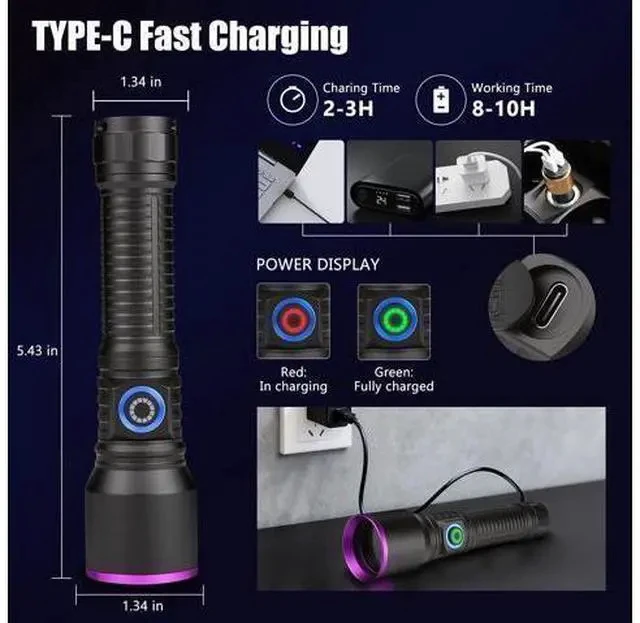 Alt view image 3 of 7 - 365nm UV Flashlight Black Light Rechargeable, Powerful Blacklight Flashlights, Portable UV Light for Pet Urine Detection, Resin Curing, Rocks, Bed Bugs, Scorpion, Yooperlite, Uranium Glass, AC Leak