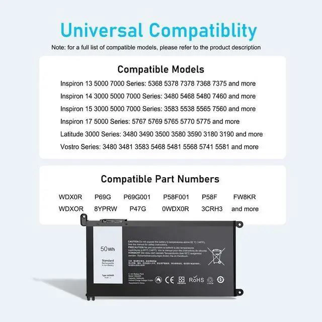 Alt view image 5 of 7 - Upgraded 50Wh WDX0R Laptop Battery Replacement for Dell Inspiron 13 15 5000 7000 Series 5378 7378 5570 7573 7579 Latitude 3500 3580 WDXOR P69G 3CRH3 P58F and More