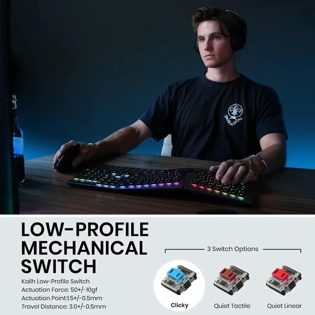 Alt view image 2 of 6 - Perixx PERIBOARD-835BL Wireless Ergonomic Mechanical Keyboard - RGB Backlit - Low-Profile Blue Clicky Switches - Multi-Device Connection - Compatible with Windows and Mac OS X - US English