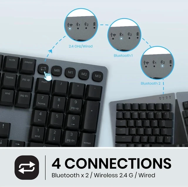 Alt view image 4 of 6 - Perixx PERIBOARD-835BL Wireless Ergonomic Mechanical Keyboard - RGB Backlit - Low-Profile Blue Clicky Switches - Multi-Device Connection - Compatible with Windows and Mac OS X - US English