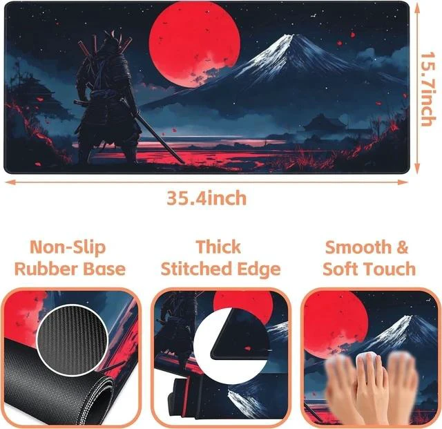 Alt view image 3 of 7 - Mouse Pad Large Samurai and Red Moon Non-Slip Game Desk Mat with Stitched Edge Laptop Keyboard Desk Pad for Work Home Gaming (35.4 x 15.7 Inches)