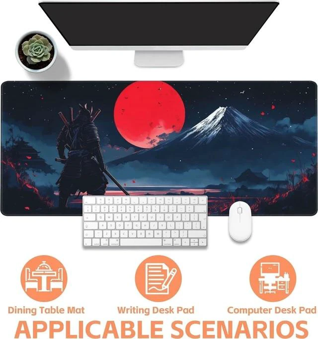 Alt view image 4 of 7 - Mouse Pad Large Samurai and Red Moon Non-Slip Game Desk Mat with Stitched Edge Laptop Keyboard Desk Pad for Work Home Gaming (35.4 x 15.7 Inches)