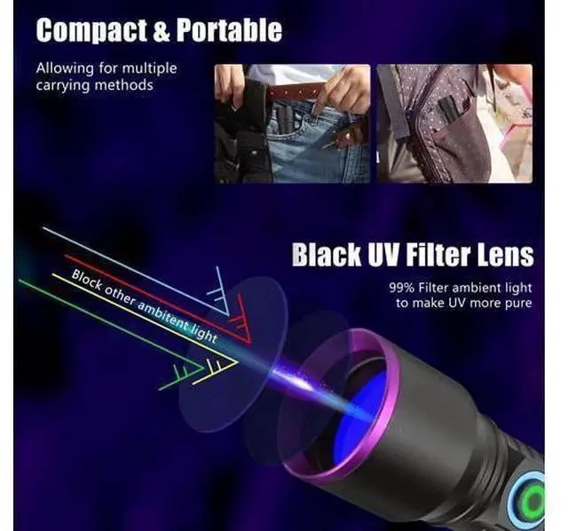Alt view image 2 of 7 - 365nm UV Flashlight Black Light Rechargeable, Powerful Blacklight Flashlights, Portable UV Light for Pet Urine Detection, Resin Curing, Rocks, Bed Bugs, Scorpion, Yooperlite, Uranium Glass, AC Leak