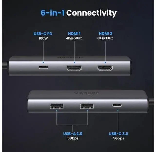 Alt view image 2 of 7 - UGREEN Revodok 206 Docking Station Dual Monitor 6 in 1 USB C Dock Dual HDMI 4K@60Hz Single 8K@30Hz 100W PD 5Gbps USB C and USB A Data Ports USB C Hub for XPS, ThinkPad and More