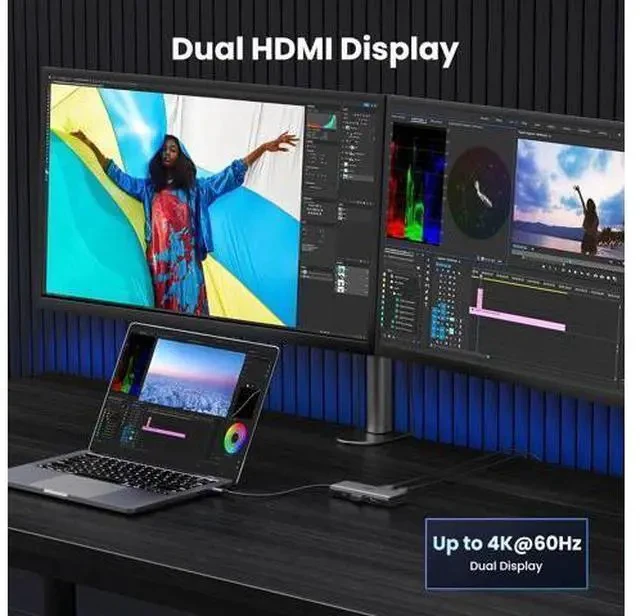 Alt view image 3 of 7 - UGREEN Revodok 206 Docking Station Dual Monitor 6 in 1 USB C Dock Dual HDMI 4K@60Hz Single 8K@30Hz 100W PD 5Gbps USB C and USB A Data Ports USB C Hub for XPS, ThinkPad and More