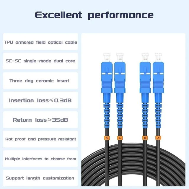 Alt view image 3 of 6 - SC/UPC to SC/UPC Outdoor Armored Fiber Patch Cable, Single Mode Duplex Fiber Optic Internet Cable, Fiber Optic Jumper Optical Patch Cord - 9/125um - 85Meter/278.87ft, LSZH Black