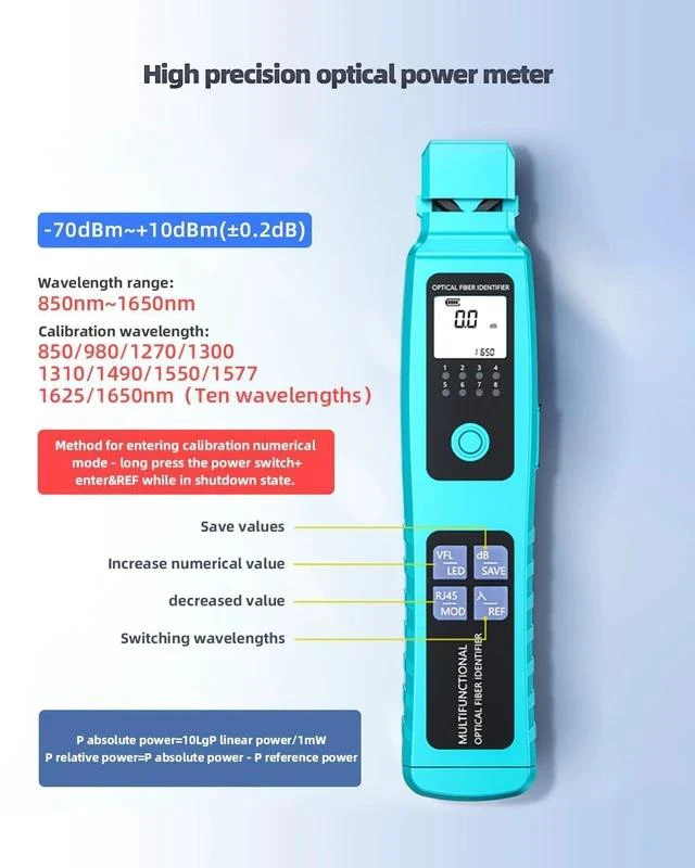 Alt view image 6 of 7 - All-in-One Fiber Optic Identifier with Power Meter & Red Light Source, Single-Mode/Multi-Mode Compatible, 5-in-1 Clamp, Direction Tester & Cable Tracer Rechargeable, Measuring Range -70-10dBm