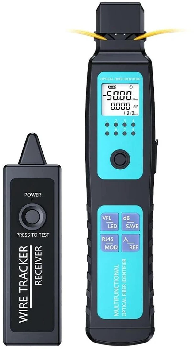 Main image of Fiber Optic Identifier with Power Meter & Red Light Source Battery-Powered, -70-10dBm, 5-in-1 Clamp, Cable Tracer, Direction Finder for Single-Mode & Multi-Mode Fibers