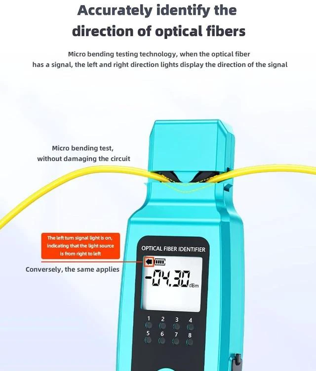 Alt view image 2 of 7 - Battery-Powered Fiber Optic Identifier -50-26dBm 5-in-1 Tool with Power Meter, Red Light Source, Clamp for Single & Multi-Mode Fiber Direction Check