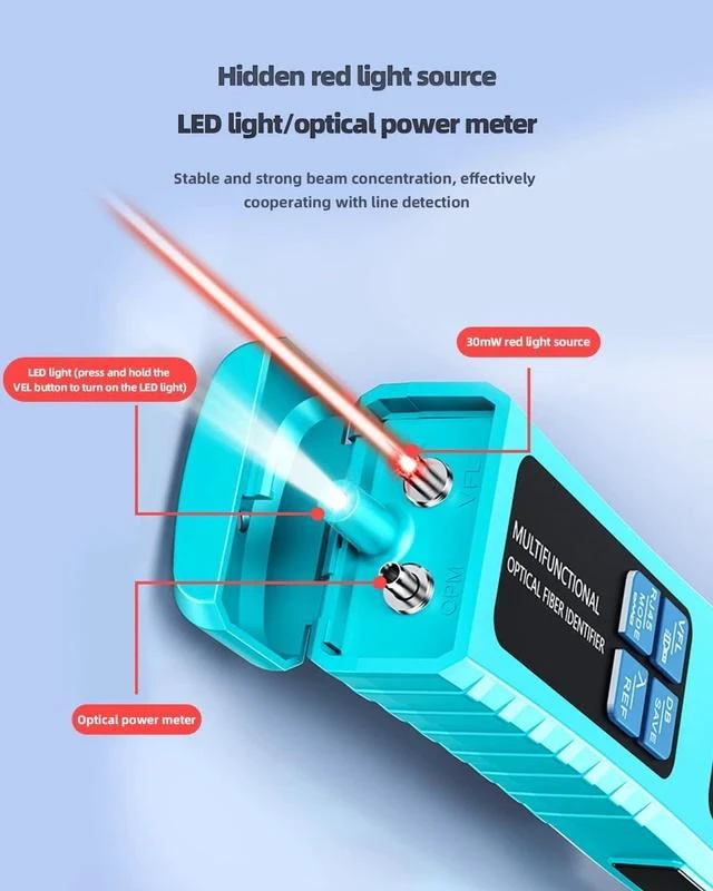 Alt view image 5 of 7 - Battery-Powered Fiber Optic Identifier -50-26dBm 5-in-1 Tool with Power Meter, Red Light Source, Clamp for Single & Multi-Mode Fiber Direction Check