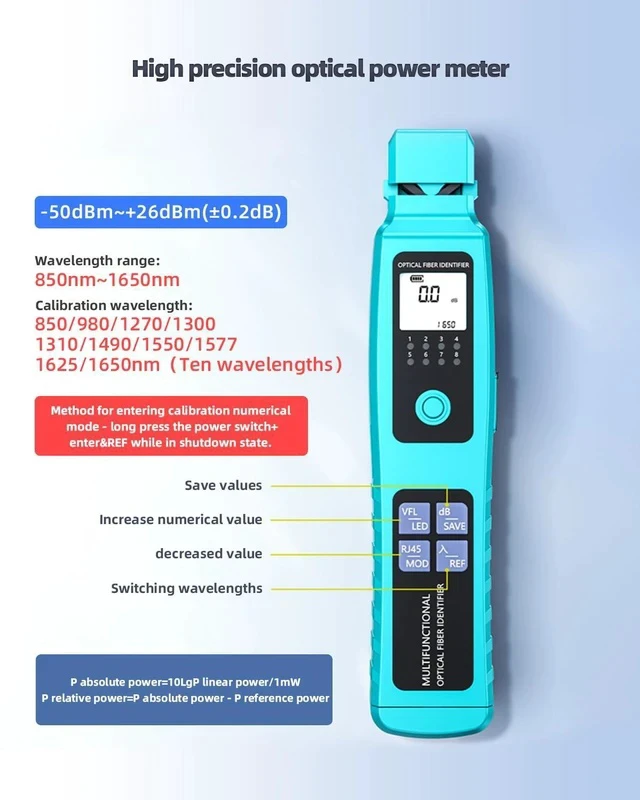 Alt view image 6 of 7 - Battery-Powered Fiber Optic Identifier -50-26dBm 5-in-1 Tool with Power Meter, Red Light Source, Clamp for Single & Multi-Mode Fiber Direction Check
