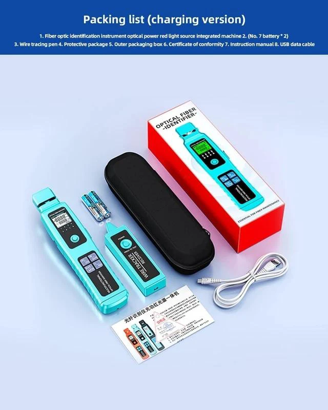 Alt view image 7 of 7 - Fiber Optic Identifier with Power Meter Red Light Source, -50-26dBm 5-in-1 Multifunctional Fiber Direction Finder Tester Kit, Single-Mode Multi-Mode Detector with Cable Tracer Rechargeable