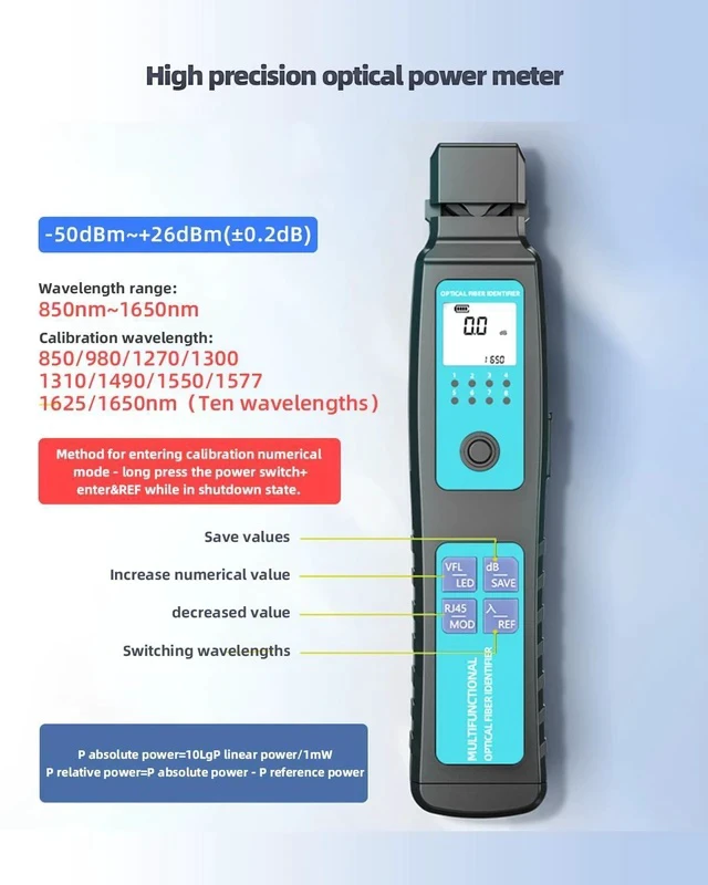 Alt view image 6 of 7 - Battery-Powered Fiber Optic Identifier Tool Power Meter -50-26dBm & Red Light & Cable Tracer, 5-in-1 Clamp for Single/Multi-Mode Fiber Direction Detection