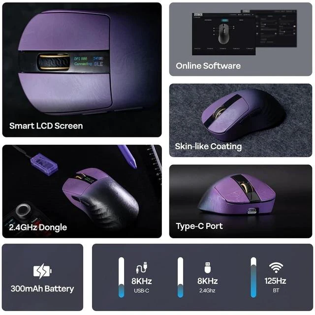 Alt view image 3 of 7 - Carbonis Wireless Gaming Mouse with Digital Display, PAW3950 Sensor, 8K Polling, 30K DPI, Carbon Fiber Composite Shell, Ergonomic Right Hand Esports Mouse for PC Gaming (Black Purple)