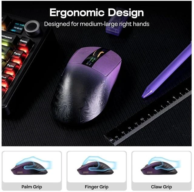 Alt view image 4 of 7 - Carbonis Wireless Gaming Mouse with Digital Display, PAW3950 Sensor, 8K Polling, 30K DPI, Carbon Fiber Composite Shell, Ergonomic Right Hand Esports Mouse for PC Gaming (Black Purple)