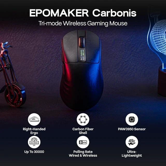 Alt view image 2 of 7 - Carbonis Wireless Gaming Mouse with Digital Display, PAW3950 Sensor, 8K Polling, 30K DPI, Carbon Fiber Composite Shell, Ergonomic Right Hand Esports Mouse for PC Gaming (Black)