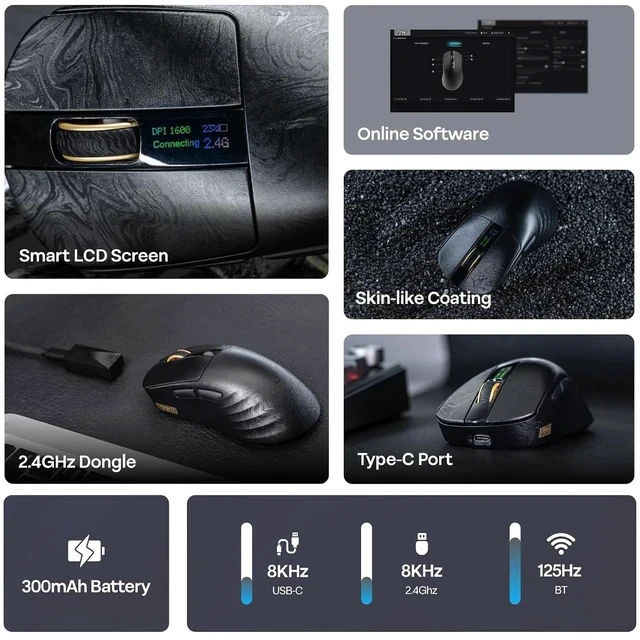 Alt view image 3 of 7 - Carbonis Wireless Gaming Mouse with Digital Display, PAW3950 Sensor, 8K Polling, 30K DPI, Carbon Fiber Composite Shell, Ergonomic Right Hand Esports Mouse for PC Gaming (Black)