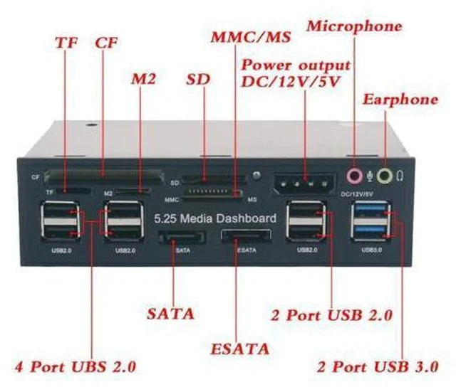 Alt view image 5 of 7 - USB 3.0 Hub ESATA SATA Port Internal Card Reader PC Media Front Panel Audio For SD MS CF TF M2 MMC Memory Cards