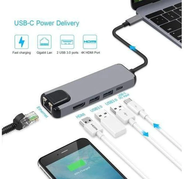 Alt view image 5 of 7 - Audio Jack USB Hub Converter 4K VGA Type C Hub 3.0 USB to RJ45 Lan Network Card For Macbook Matebook