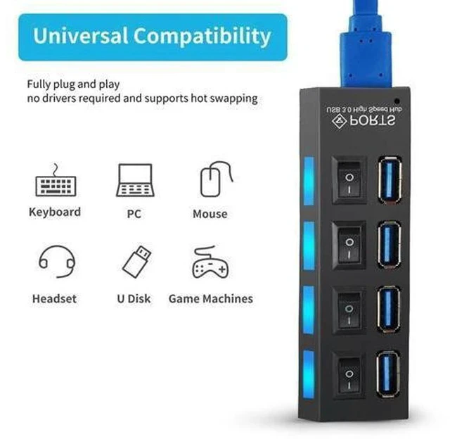 Alt view image 2 of 7 - 3.0 HUB 2.0 HUB Multi Splitter 4/7 Port Expander Multiple 3 Hab Use Power Adapter 3.0 Hub with Switch For PC