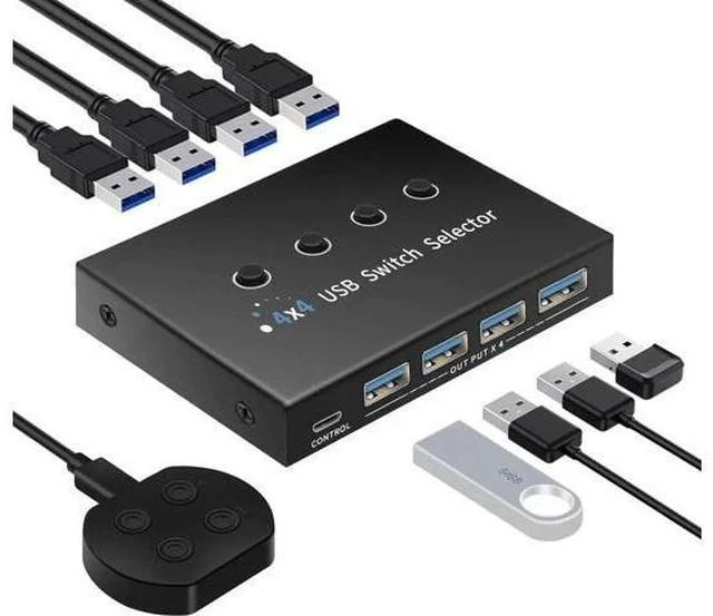 Main image of USB 3.0 Switch 4 Computers 3 Computers Keyboard Mouse Switch,4 Port USB Switch Selector Sharing 4 USB Devices,USB Switcher Compatible with Mac/Windows/Linux,with Desktop Controller and 4 USB Cable