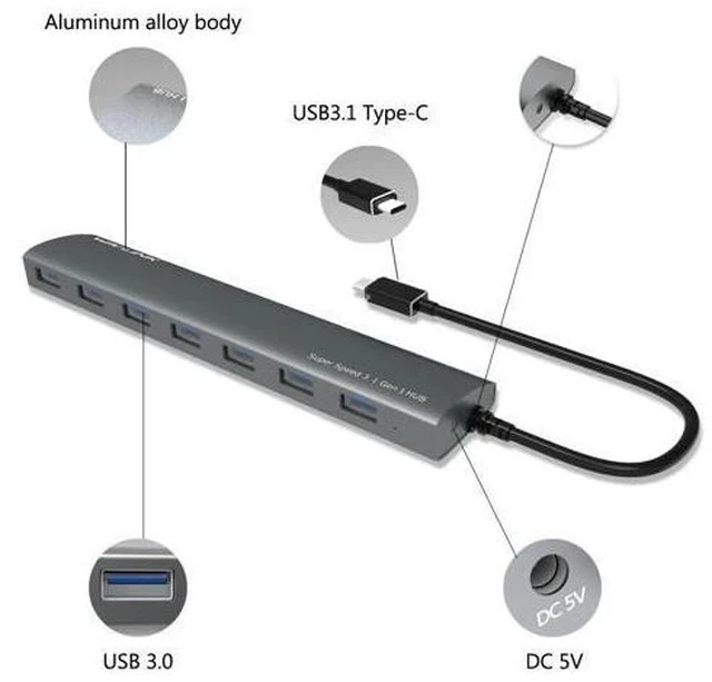 Alt view image 3 of 7 - High Speed 7 Ports USB C HUB USB3.0 Hub Aluminum Type C USB 3.1 Splitter with 5V/4A Power Adapter for Laptop PC Tablet