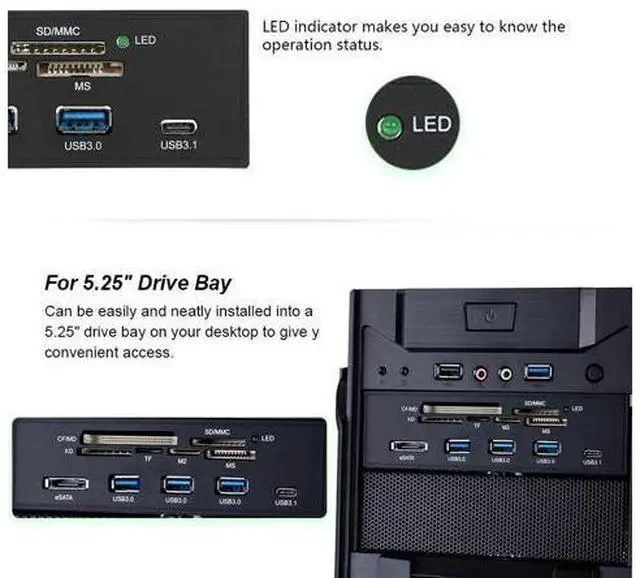 Alt view image 2 of 4 - Sunshine-tipway 5.25" Internal Card Reader Media Multi-Function Dashboard PC Front Panel Type-C USB 3.1 USB 3.0 Support CF
