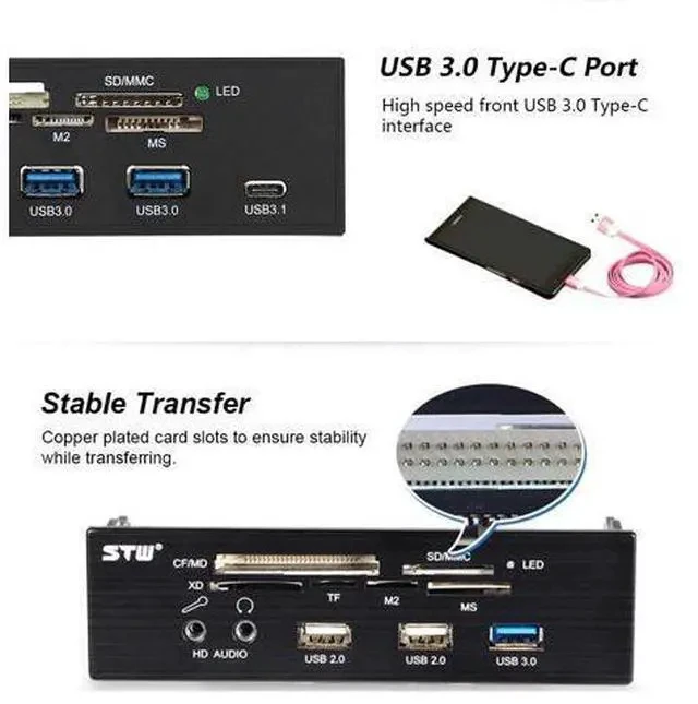 Alt view image 3 of 4 - Sunshine-tipway 5.25" Internal Card Reader Media Multi-Function Dashboard PC Front Panel Type-C USB 3.1 USB 3.0 Support CF