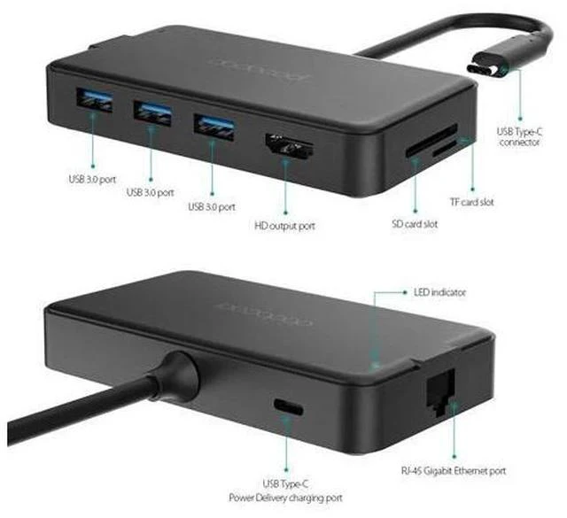 Alt view image 5 of 7 - 8-in-1 Multifunction USB-C Hub with Type-C PD 4K Video HD Gigat Ethernet Adapter SD/TF Card Reader USB3.0 Type C HUB