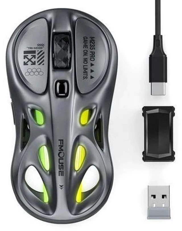 Main image of FMOUSE Gaming Wireless Mouse, Tri-Mode (2.4G/Bluetooth/Wired), 4800 DPI, 1000Hz Ergonomic Hollow RGB Rechargeable Type-C for Mac/Laptop/iPad/Office - Gray