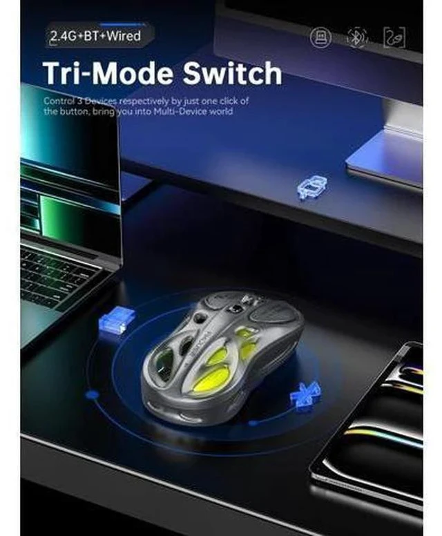 Alt view image 2 of 5 - FMOUSE Gaming Wireless Mouse, Tri-Mode (2.4G/Bluetooth/Wired), 4800 DPI, 1000Hz Ergonomic Hollow RGB Rechargeable Type-C for Mac/Laptop/iPad/Office - Gray