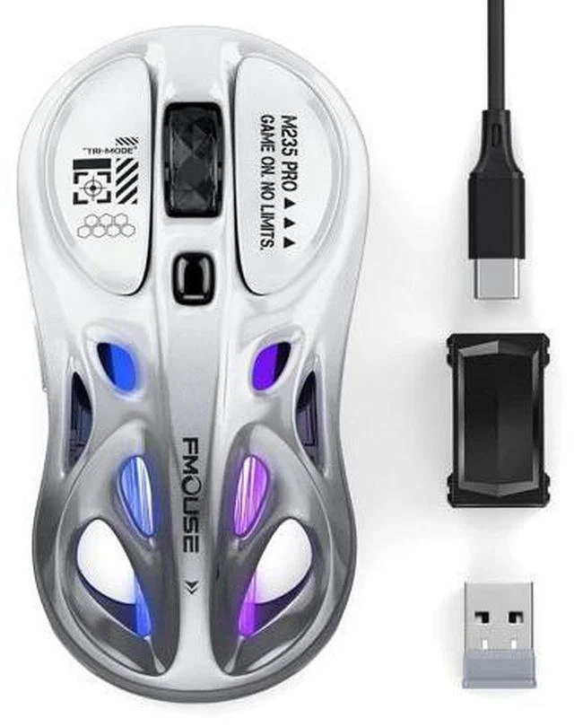 Main image of FMOUSE Tri-Mode Wireless Mouse (2.4G/Bluetooth/Wired), Hollow Design, RGB, 4800 DPI, Rechargeable Type-C for Mac/Laptop/iPad (Gaming/Office) - White & Gray Gradient