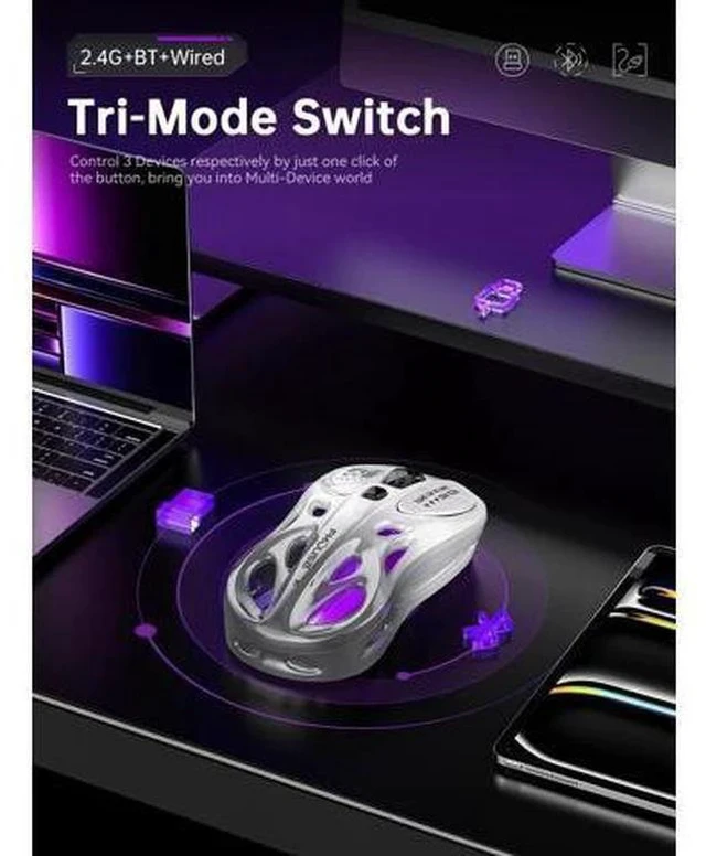Alt view image 2 of 5 - FMOUSE Tri-Mode Wireless Mouse (2.4G/Bluetooth/Wired), Hollow Design, RGB, 4800 DPI, Rechargeable Type-C for Mac/Laptop/iPad (Gaming/Office) - White & Gray Gradient
