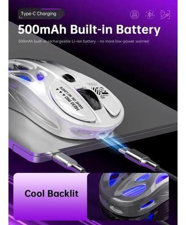 Alt view image 4 of 5 - FMOUSE Tri-Mode Wireless Mouse (2.4G/Bluetooth/Wired), Hollow Design, RGB, 4800 DPI, Rechargeable Type-C for Mac/Laptop/iPad (Gaming/Office) - White & Gray Gradient