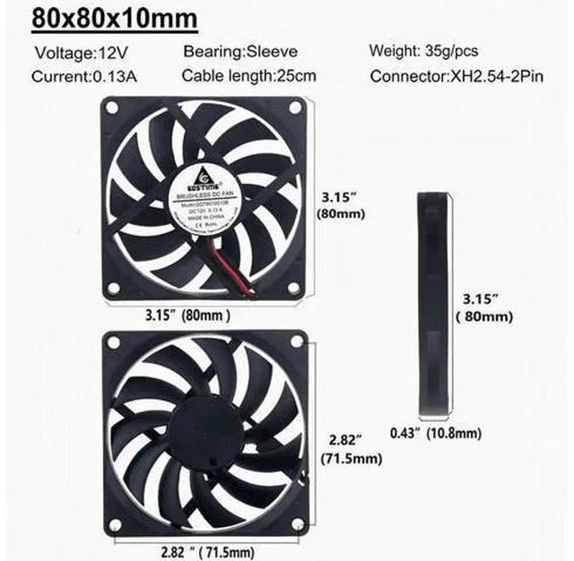 Alt view image 2 of 7 - 2 Pcs Cooler 80mm 5V 12V 24V 2 Pin Connector 8010 8cm Ball Bearing 80x80x10mm Brushless Cooling Fan for PC Computer Case