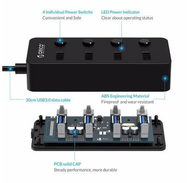 Alt view image 3 of 7 - 4 Port USB 3.0 HUB With Individual Power Switches Multi USB Splitter OTG Adapter for PC Computer Laptop Accessories