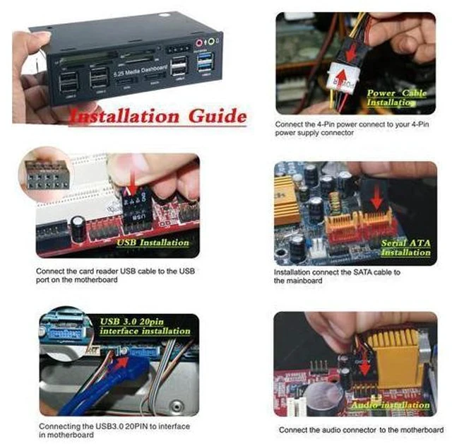 Alt view image 4 of 6 - 5.25" USB 3.0 e SATA All in 1 PC Media Dashboard Multi function Front Panel Card Reader I/O Ports