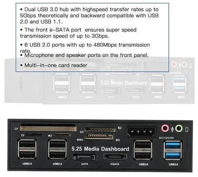 Alt view image 6 of 6 - 5.25" USB 3.0 e SATA All in 1 PC Media Dashboard Multi function Front Panel Card Reader I/O Ports